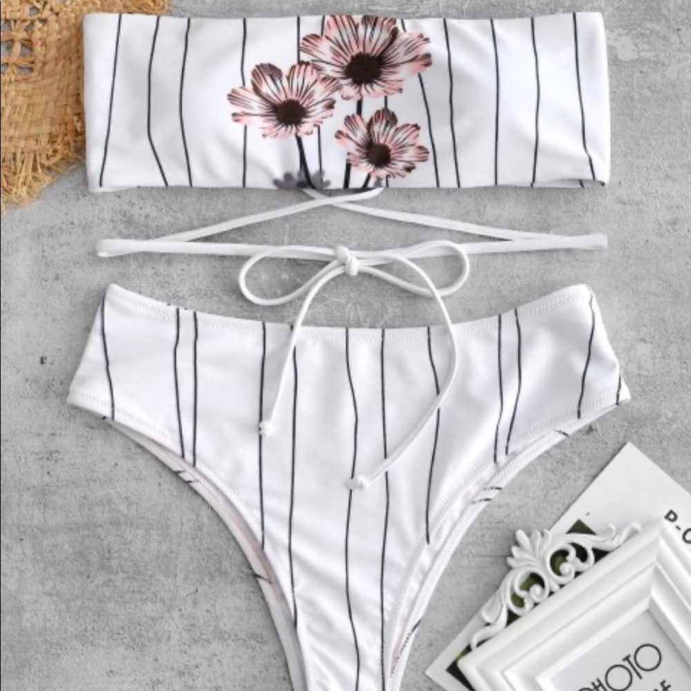 Floral Striped High Waisted Bikini Set